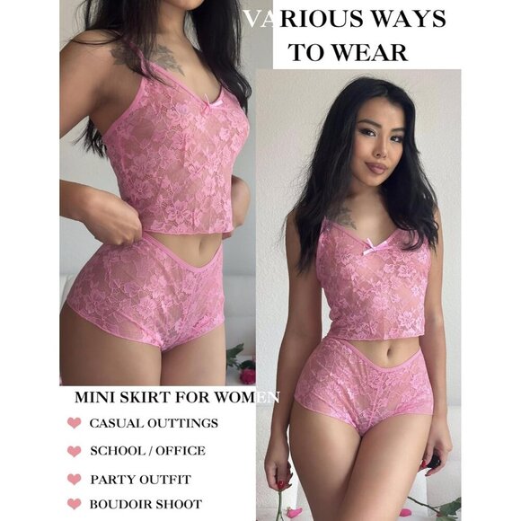 🆕Women Pink Lace Bra and Panty Set V Neck Baby doll 2 Piece Mesh Bralette Set - Picture 5 of 7